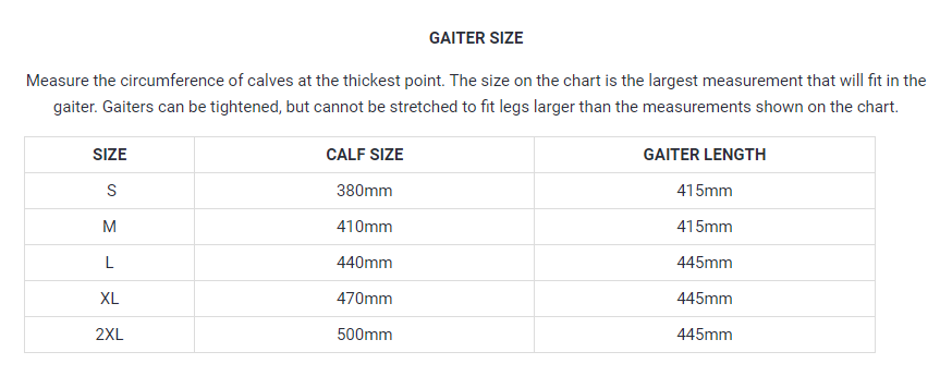 Hunters Element Gaiter Size Guide
