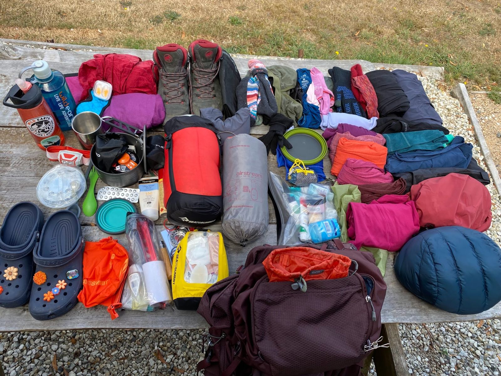 Flat lay multi-day hiking gear