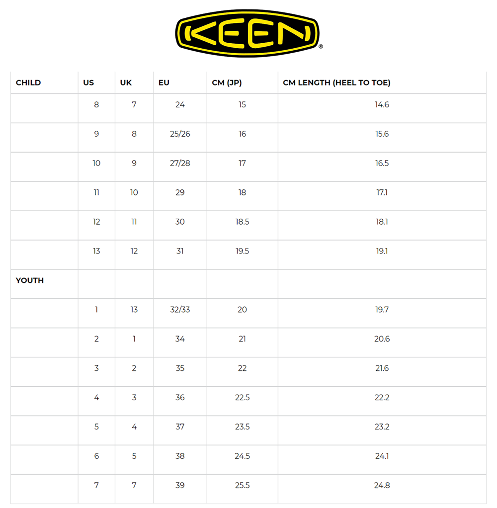 Keen Size Chart Kids