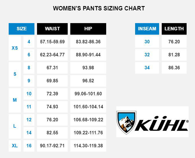 Kuhl Womens Pants Size Guide