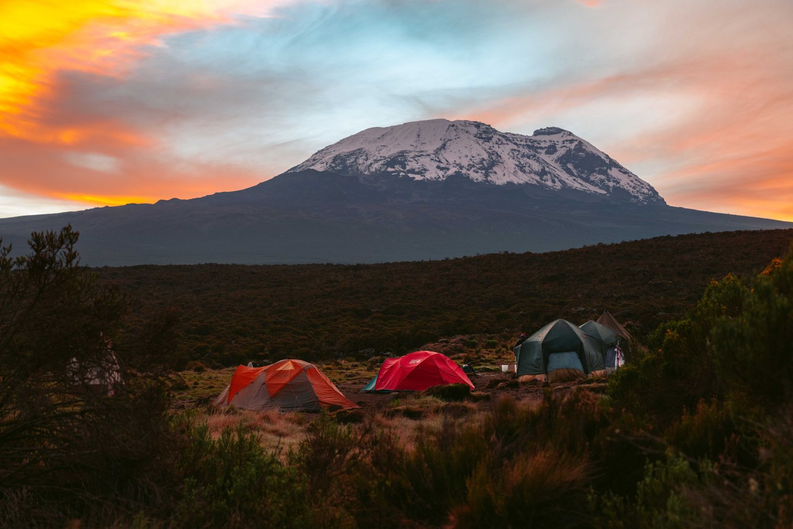 Basecamp of Kilimanjaro with tents in the foreground
