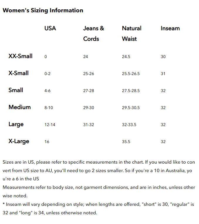 Patagonia Womens Pants Size Chart