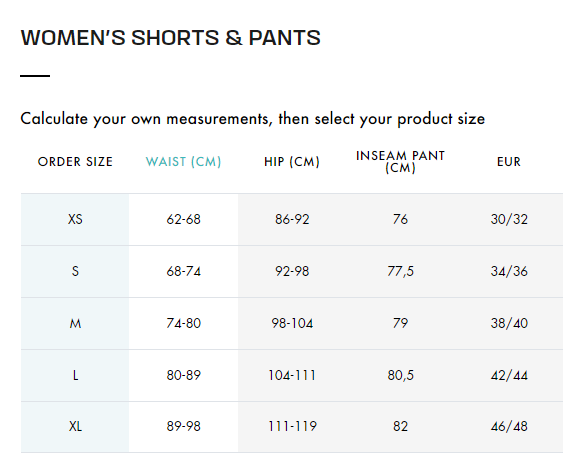 Salomon Women's Shorts and Pants Size Guide
