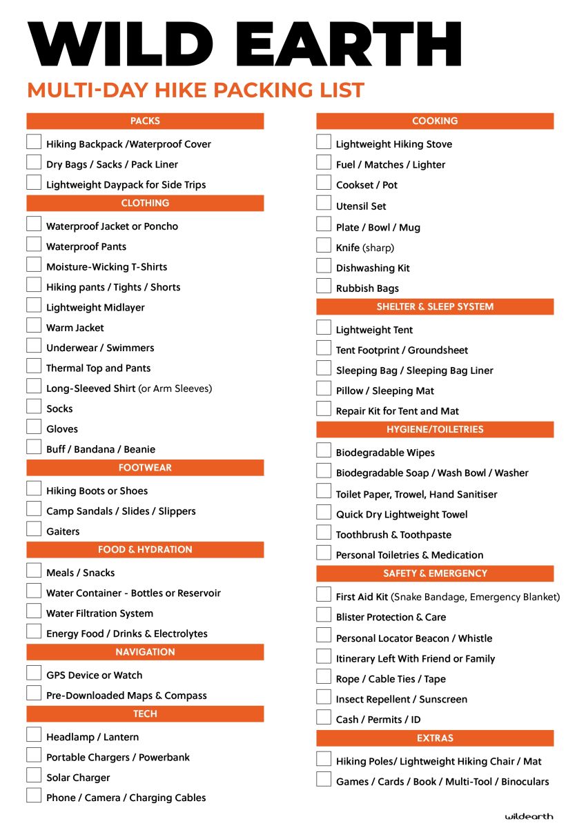 Wild Earth multi-day hike packing checklist