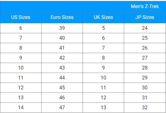 Xero Z-Trek Mens Sizeguide