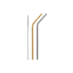 Cheeki 2 Pack Bent Stainless Steel Straws - Silver, Gold & Cleaning Brush
