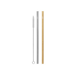 Cheeki 2 Pack Straight Stainless Steel Straws - Silver, Gold & Cleaning Brush