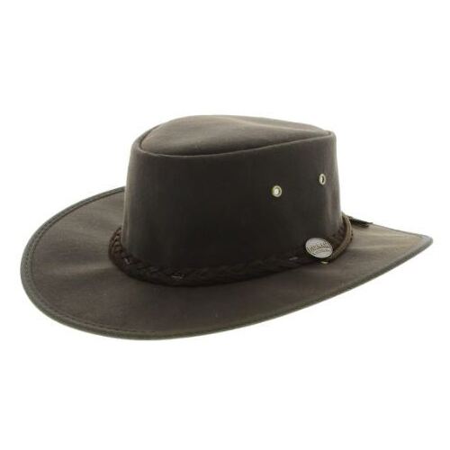 Barmah Drover Oilskin Wide Brim Leather Hat - Brown