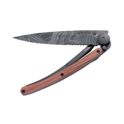 Deejo Serration Lightweight Folding Knife - Black/Coral Wood/Topography - 37g