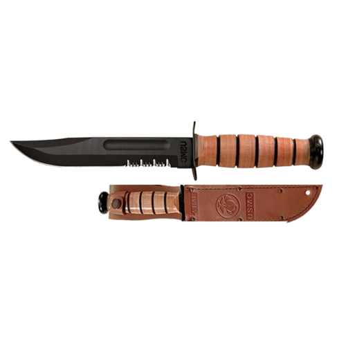 Ka-Bar Fighting/Utility Serrated Knife - USMC Brown Leather Sheath