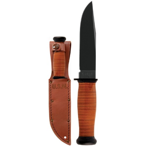 KA-BAR Mark 1 Leather Handled Straight Edge Knife w/ Leather Sheath