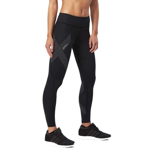 2XU Womens Mid-Rise Compression Tights - Black/Dotted Reflective Logo