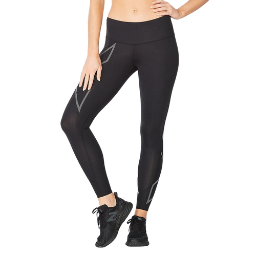 2XU Womens Light Speed Mid-Rise Compression Tights - Black/Black Reflective - L